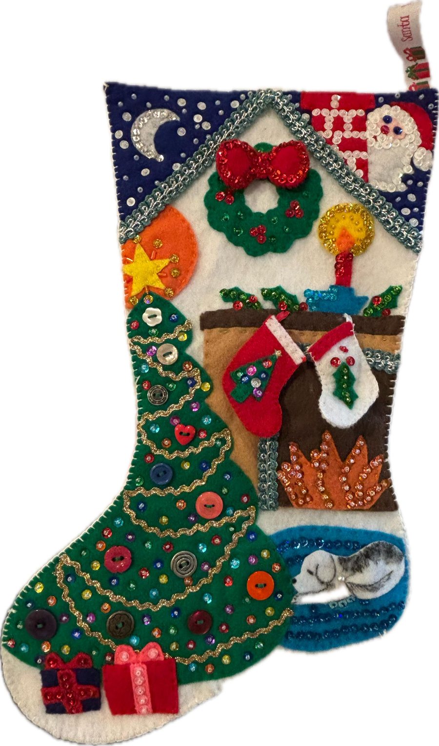 A December scene in felt, sequins, beads, and tiny appliqué details.