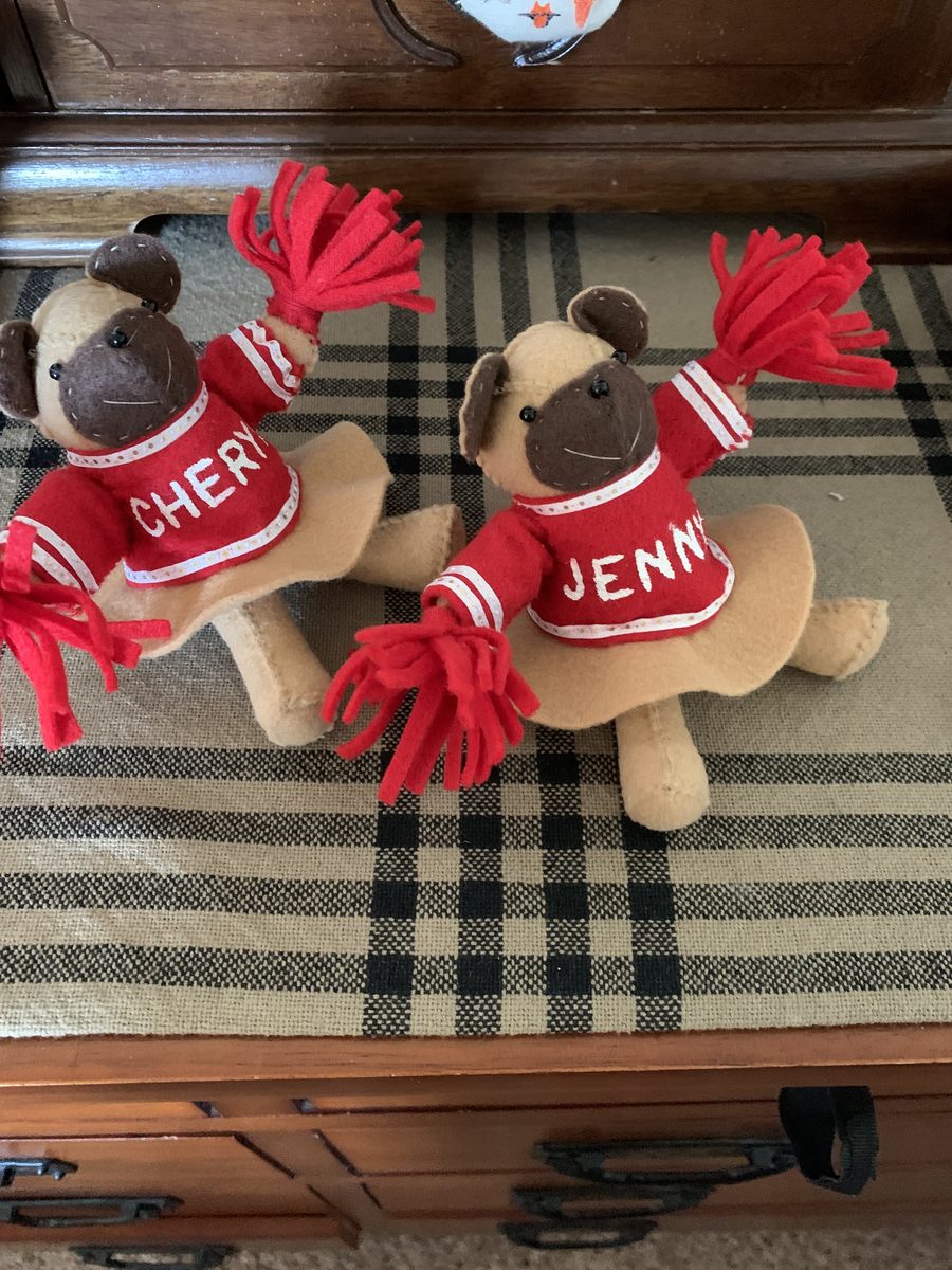 Personalized handmade cheerleader animal dolls with names on their outfits.